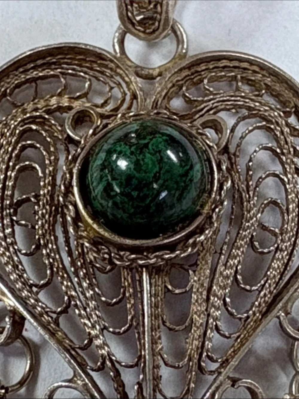 Vintage Filigree Heart Pendant Necklace with Green Stone